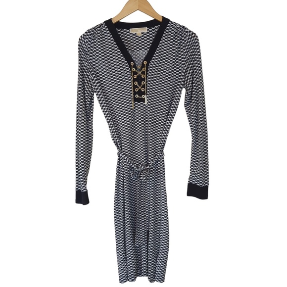 Michael Kors Black White Grommet Lace up Midi Dress - Picture 7 of 16